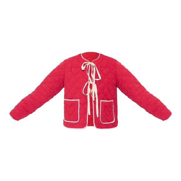 PrettyLittleThing, NWT Red Quilted Jacket with Cream Trim - Picture 1 of 12